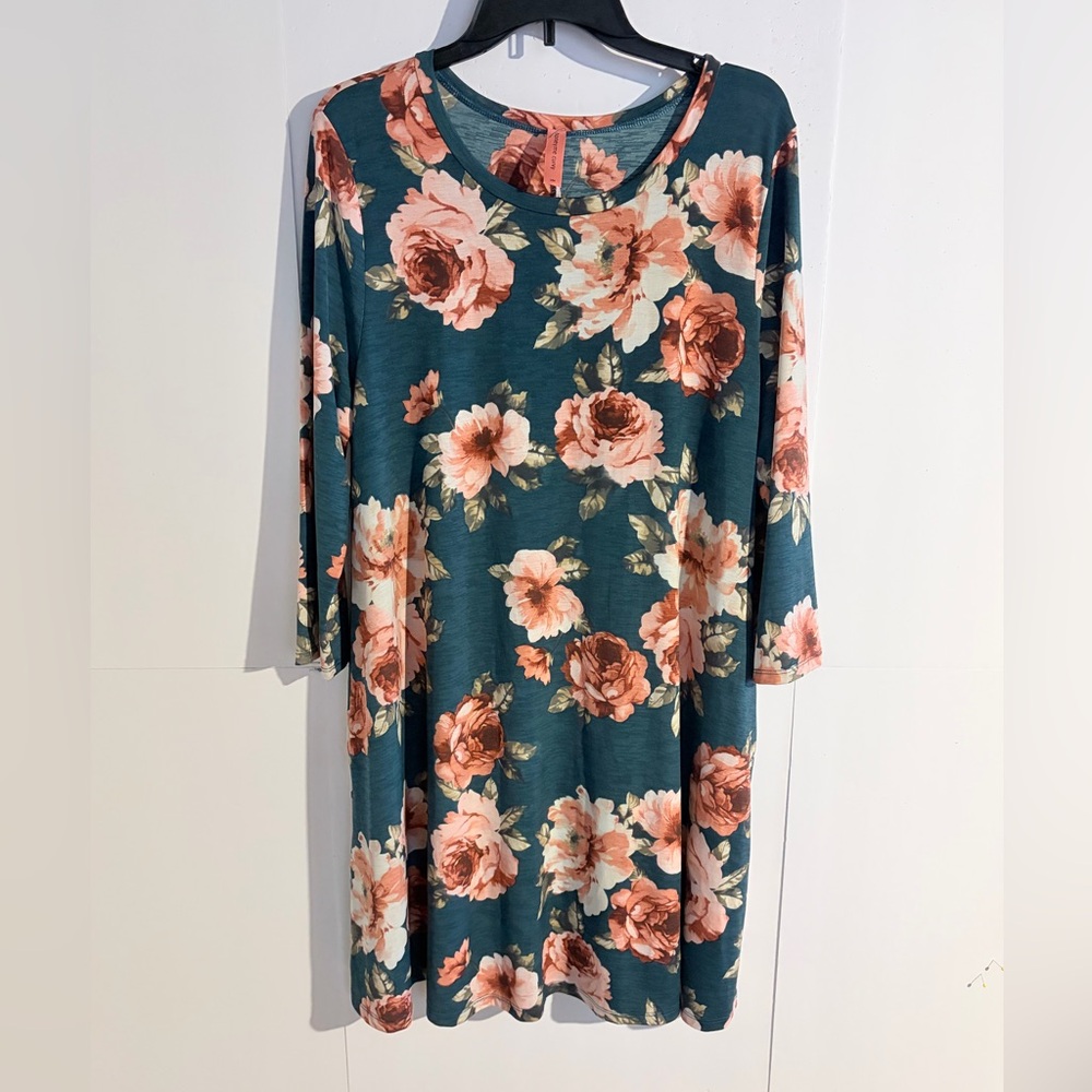 Honeyme Teal and Pink Floral Long Sleeve Dress